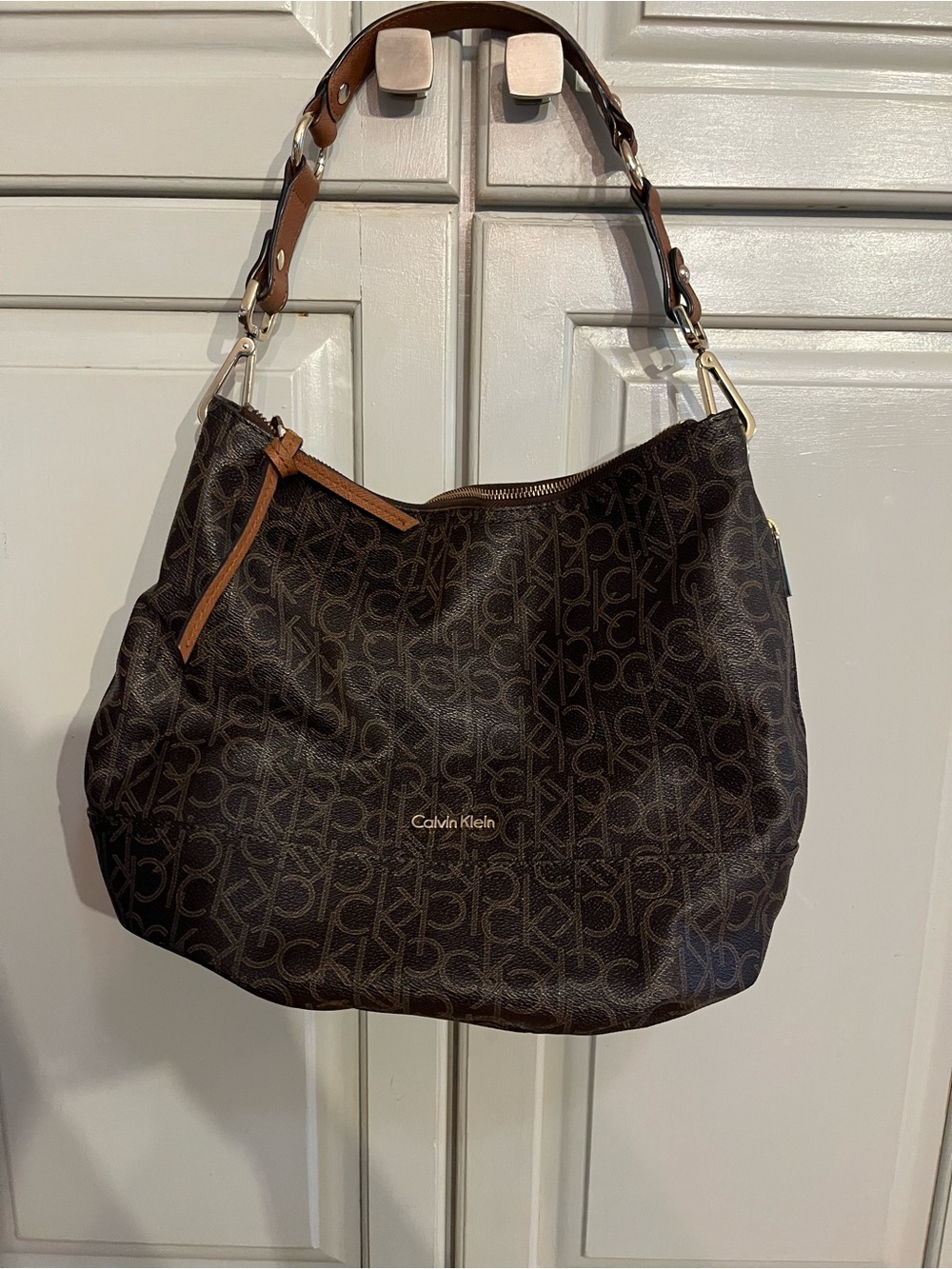 Calvin Klein Dark Brown Monogram Shoulder Bag with Tan Trim